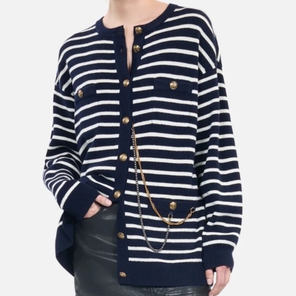 NWT The Kooples Striped Wool Cardigan Size 2 M Navy Cream Chain Oversized - Picture 1 of 14